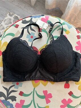 aerie Black Lace Longline Push-Up Bra with Scalloped Detailing